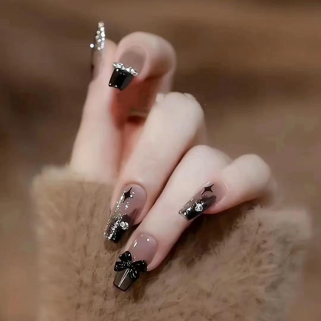 

Dark Star Butterfly Long Wearable Nail Art With Bowknot - Trendy Xiaohongshu Style Fake Nail Set B514-Dark Star Butterfly [Glue Type]