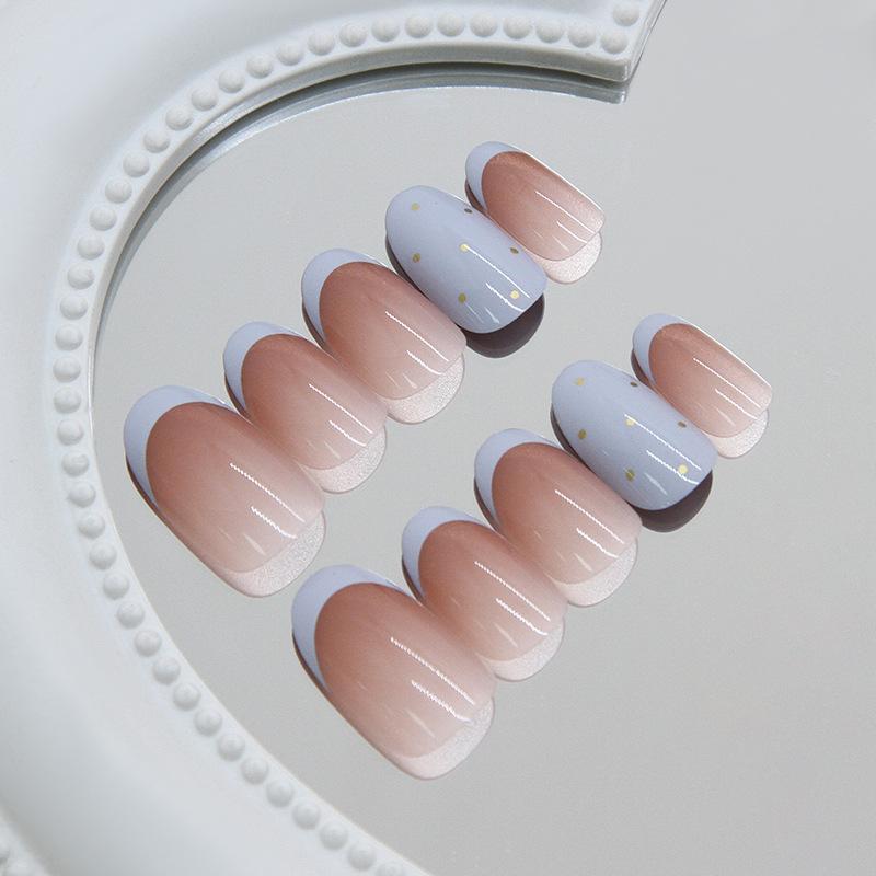 24 Pieces milk blue French style gradual change polka dot temperament white summer atmosphere nail patch removable wearable nail 30 pieces
