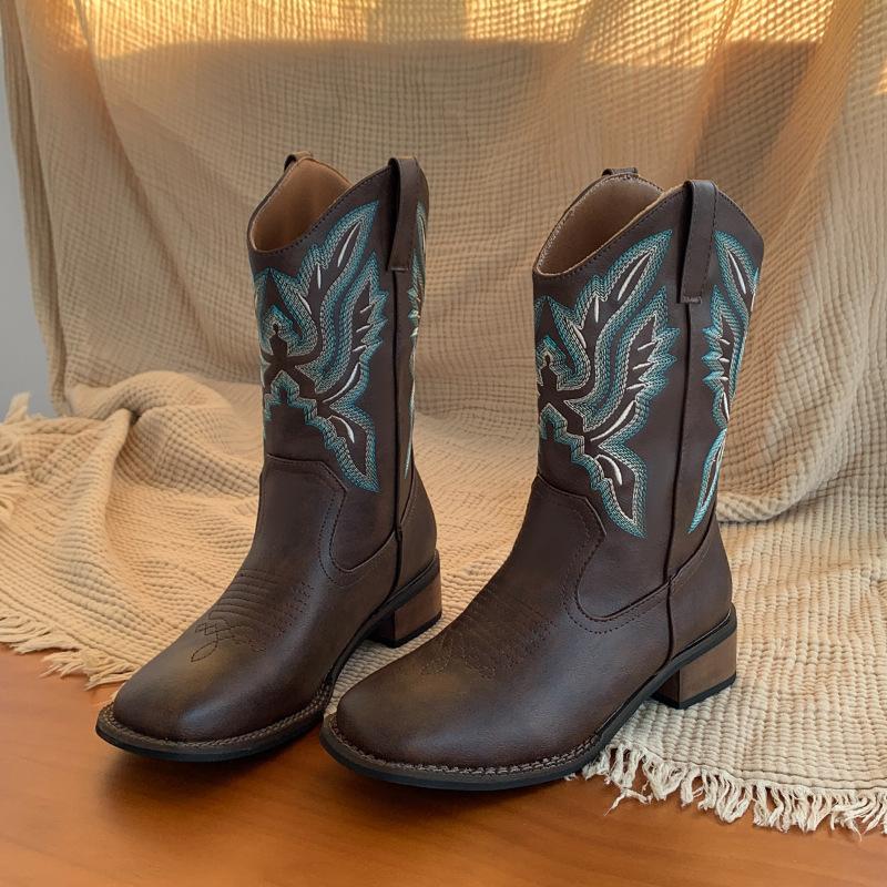 Retro Women Western Cowboy Boots Fashion Mid Calf Knight Boots Classic Embroidered Square Toe Leather Boots for Women Knight Ots