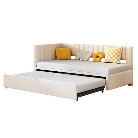 Multifunctional Sofa Bed L-Shaped with Pull-Out 90/180x200cm Upholstered In Velvet Fabric Space-Saving Design for Children Bed Guest Beige