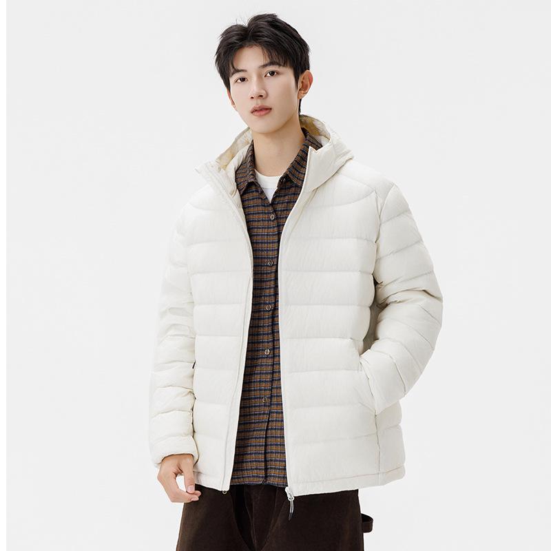 Men's Trendy White Duck Down Hooded Puffer Jacket - Winter Thickened Solid Color Warm Outerwear