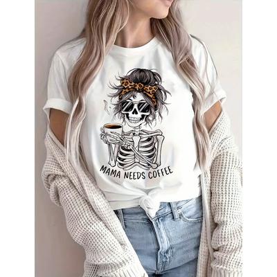 Mamma Vill Ha Kaffe Svart Som Kol Skalle Tryck Rund Hals Halloween T-shirt Vardaglig Sportskjorta Ny Damfestival Klänning Kortärmad Topp