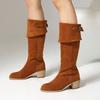 Winter Flock Suede Slip On Metal Decal Big Size 43 44 Brown Women Knee High Boots Toe Block Heel 6cm