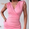 Women's V Neck Bodycon Short Dress Drawstring Sleeveless Mini Dress with Pockets Sexy Ruched Evening Dress for Cocktail Party
