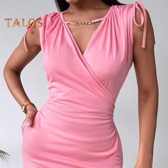 Women's V Neck Bodycon Short Dress Drawstring Sleeveless Mini Dress with Pockets Sexy Ruched Evening Dress for Cocktail Party
