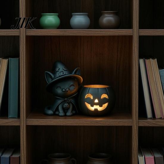 Cute Halloween Crafts Black Cat Pumpkin Candlestick, 3D Printed Witch Candle Hollow Light Holder with Tealight Cup, Spooky Tabletop Decor for