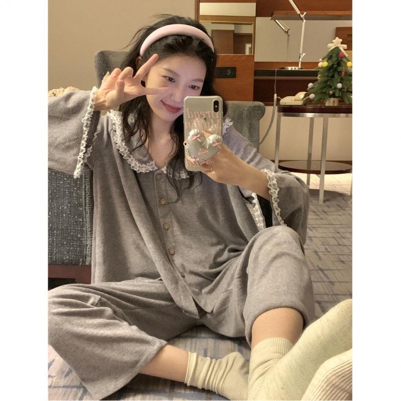 Korean Style Pajama Set: Women's Cute Lace Doll Collar, Long Sleeve & Pants for Spring/Autumn