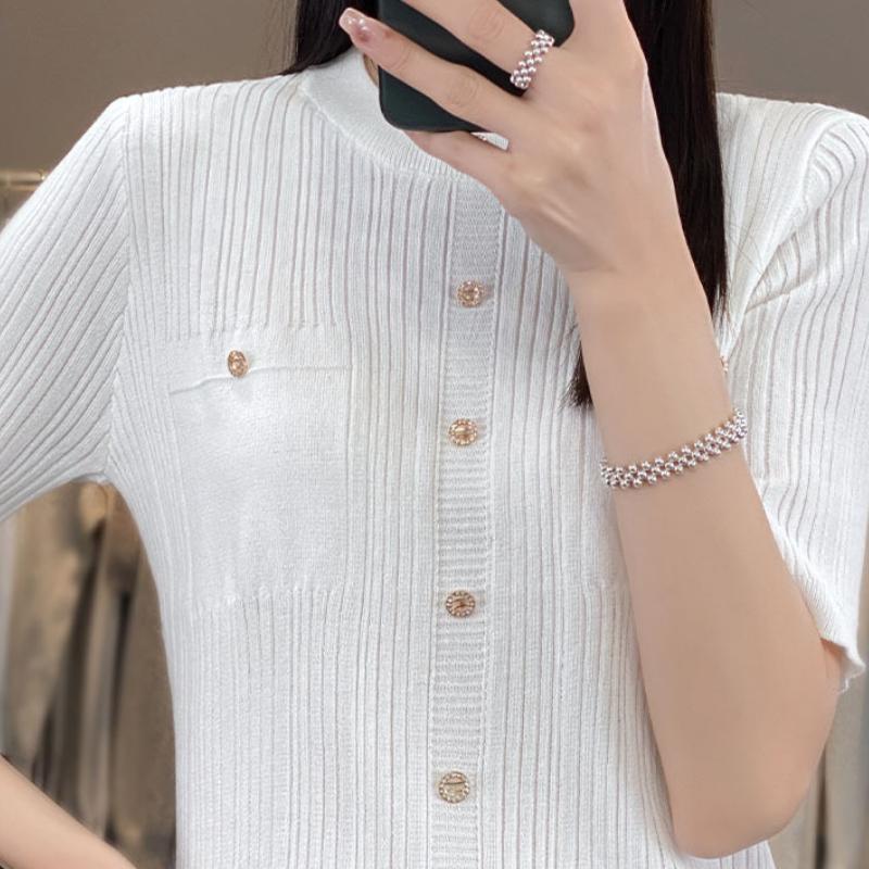 

Round Neck Small Fragrance Binge Silk Sweater for Women In Summer New Slim and Versatile Thin Inner T-shirt Top XXL рожевий