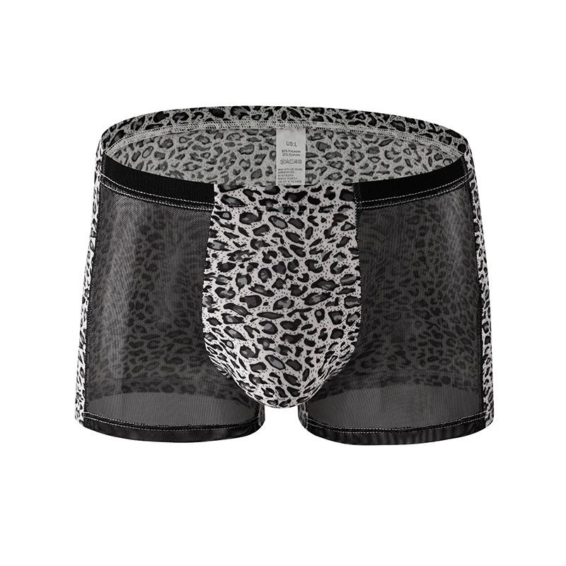 Herren Sexy Boxershorts Sexy Shorts U-förmige Ausbuchtung Panties Leopard Unterwäsche Atmungsaktive Mesh-Shorts Männliche Unterhosen