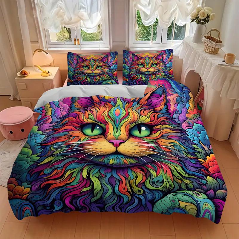 3pcs Cat Art Design Printed Bedding Set, Soft and Comfortable Quilt Cover for Bedroom, Guest Room (1 Duvet Cover + 2 Pillowcases, Pillow Cor