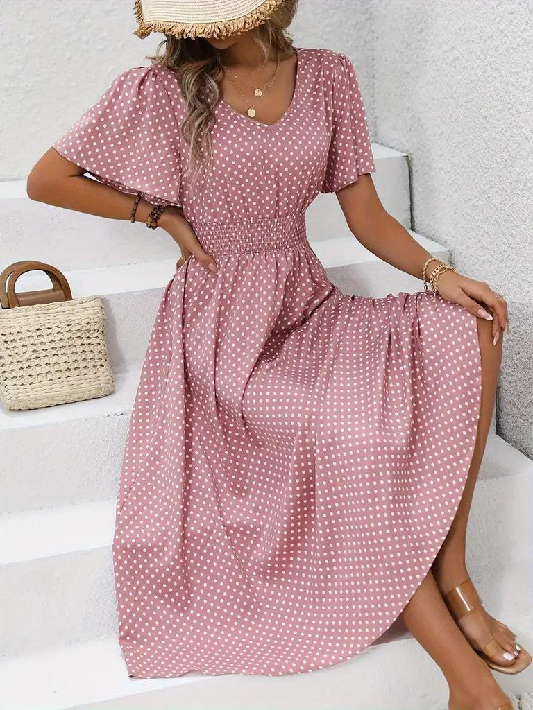 2026 European and American women's clothing spring and summer new express buy hot sale V-neck polka dot pullover casual dress