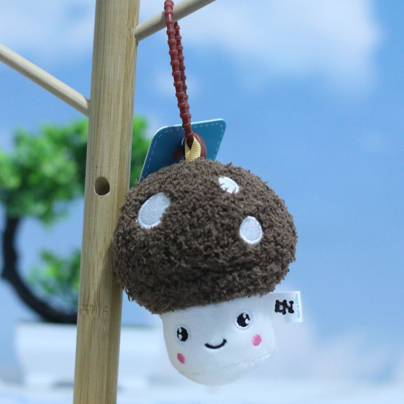 Delightful Miniature Mushroom Plush Toy Keychain In Pink Green And Dark Colors Brown
