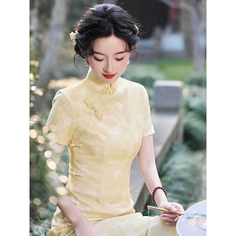Goose Yellow High-end Temperament Cheongsam Women's New Chinese Summer Engagement Daily Wear Jacquard Dress 1011 New Models