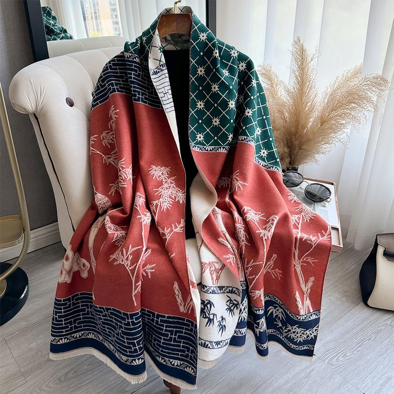 National style Wenzhu antique retro women's imitation cashmere short beard fringed warm scarf shawl scarf