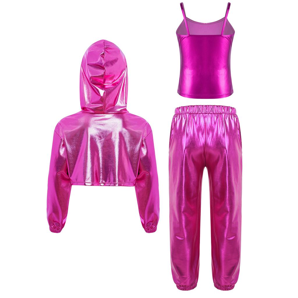 Mädchen Langarm-Hoodie mit asymmetrischem Saum, Metallic-Schnitt, Hip-Hop-Jazz-Set, Spaghettiträger-Top und glänzender Hose