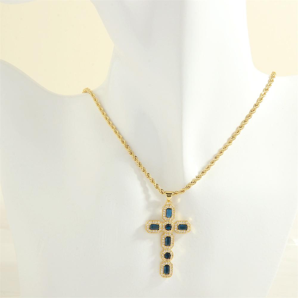 European and American Style Hip-hop Micro Inlaid Color Zirconium Cross Necklace for Women's Fashion Trend Electroplated Collarbone Chain Jewelry