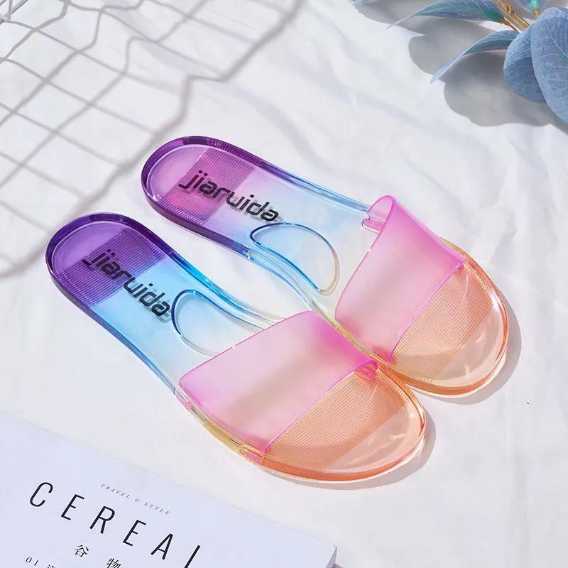 WTEMPO Trendy Jelly Outdoor Indoor Home Soft Slippers Women's Spring Summer Transparent Open Toe Flat Heel Beach Sandals