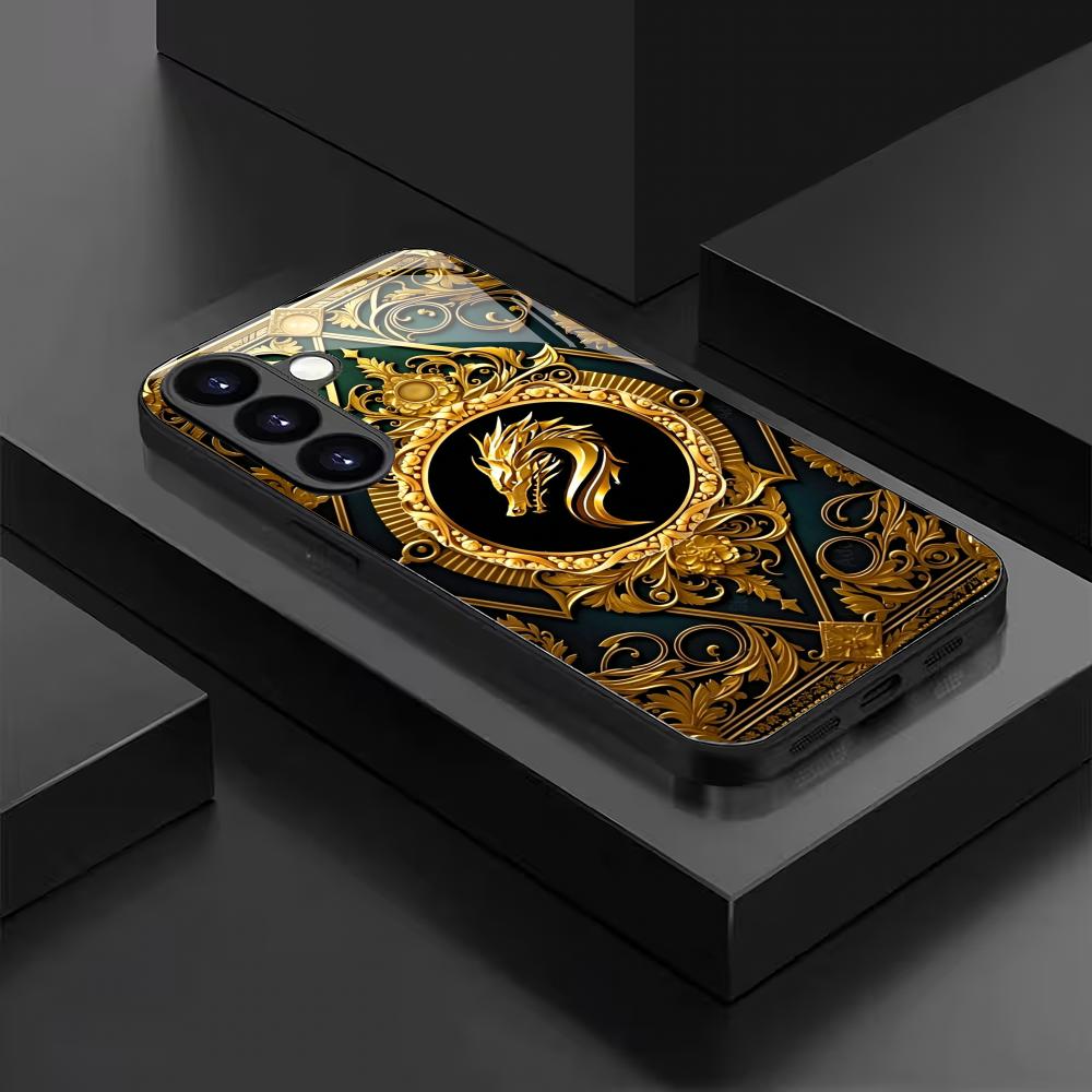 Unique Dragon Black Glass Phone Case Suitable for Samsung Galaxy S26 S25 S24 S23 S22 S20 FE/Ultra/Plus Anti Drop Back Cover