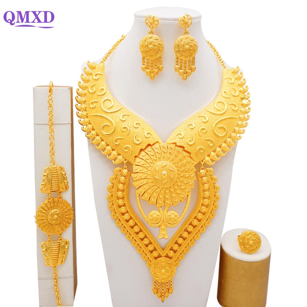 Luxury Dubai Gold Color Jewelry Sets African Bridal Wedding Flower Jewelry Sets Necklace Bracelet Earrings Ring Set Lady Gift