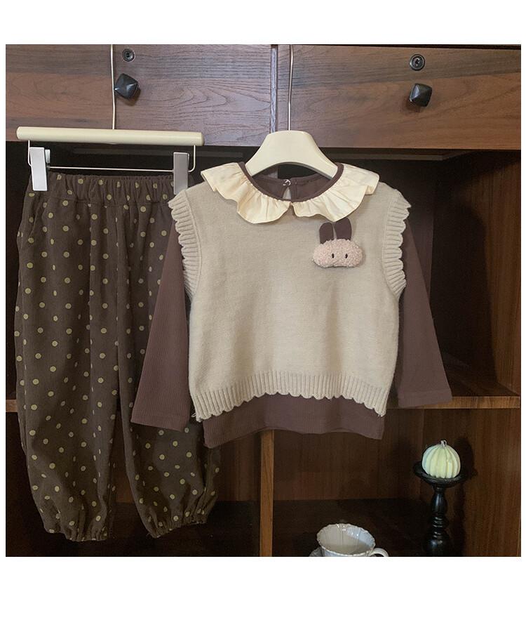 2025 Autumn Girls' Korean Long-Sleeve Knit Vest & Polka Dot Pants Set