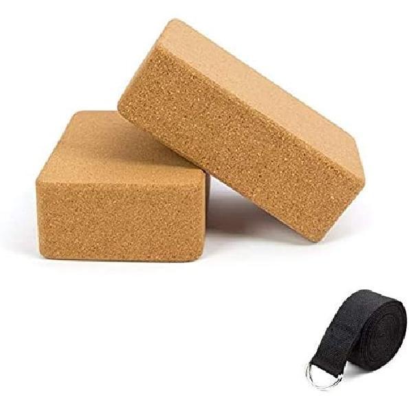 Cork Yoga Blocks, 2 Pack, with 1 Yoga Strap, High Density Solid Natural Cork Yoga Brick with Comfortable Edge to Improve Balance, Strength and 2PCs Yoga Blocks + 1 Blac
