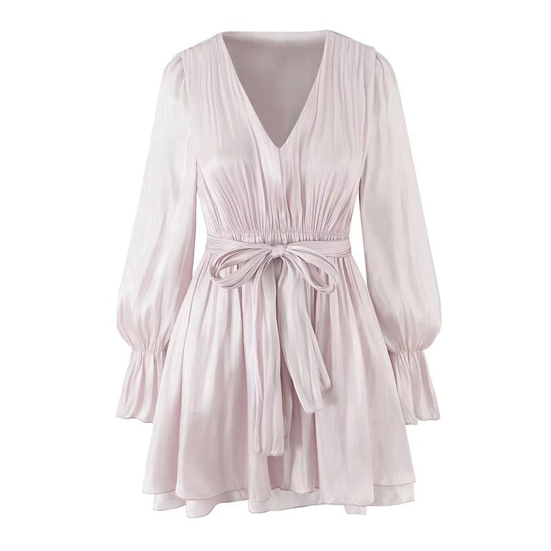 

Autumn New Product Women clothes French style Sweet Style V-neck Long sleeve Pleating Decoration Waist Hugging Short Midi Dress Pink L