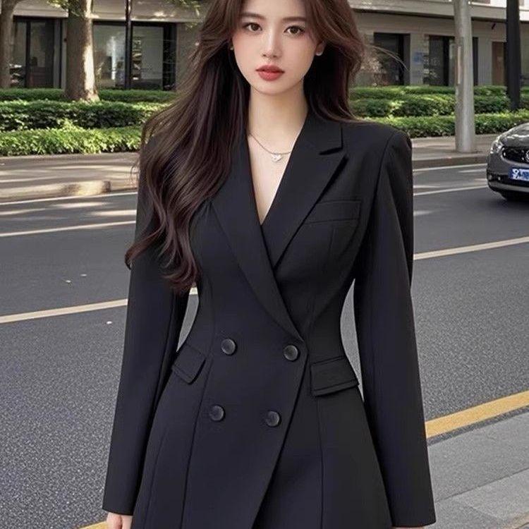 Black Slim Fit Mid-Length French Suit Jacket - Spring & Autumn Korean Style Fashion