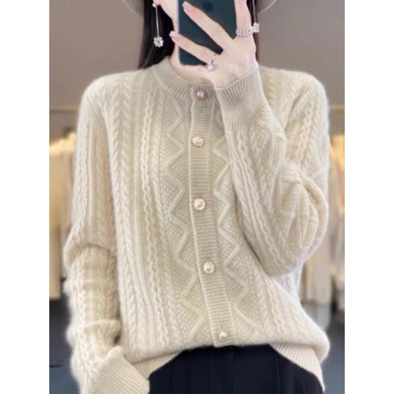 Spring new high-end crew neck twist sweater jacket long-sleeved stand-up neck solid color knitted cardigan women's top