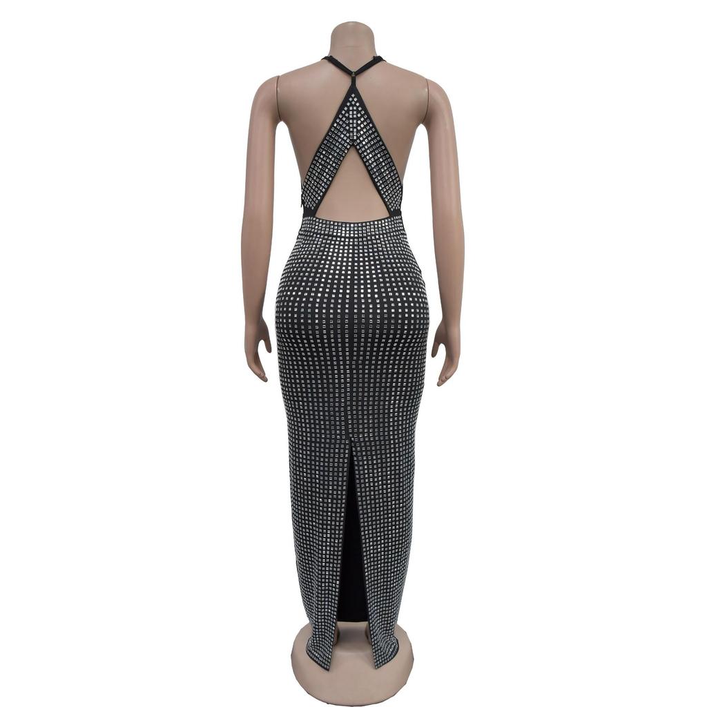 Robe longue sans manches à col en V ornée de strass - Mode féminine européenne et américaine (C6963)