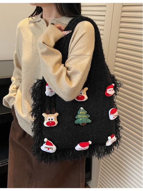 Wolle Gestrickte Retro Cartoon Umhängetasche - Große Kapazität Herbst/Winter Mode für Frauen & Mädchen