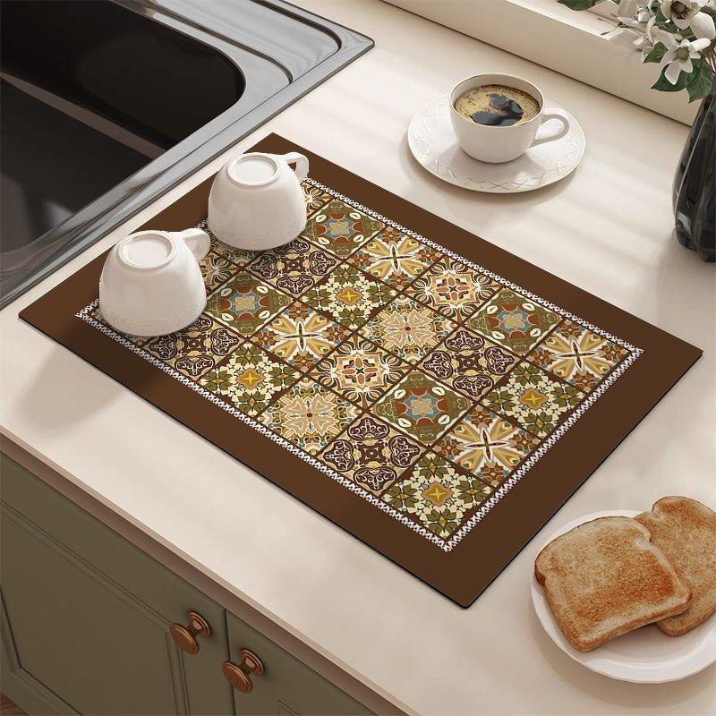 Retro Tile Pattern Absorbent Draining Mat Antiskid Quick Dry Kitchen Coffee Dish Drying Pad Farmhouse Cottage Style
