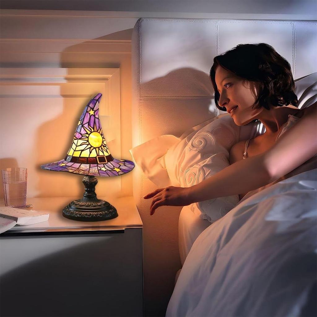 Stained Glass Witch Hat Lamp, Spooky Fun Handmade Hat Shape Lights, Nightstand Night Light With Mystical Charm
