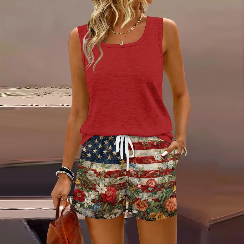 Women Summer Casual Two Piece Set Sleeveless Tank Top Square Neck and Shorts with Pockets Lightweight Lounge Wear