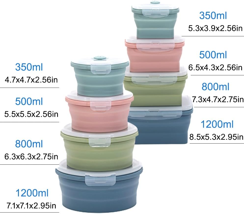Collapsible Silicone Food Storage Container Set 4-piece Outdoor Portable Food Box, MicrowaveableMultiple sizes available