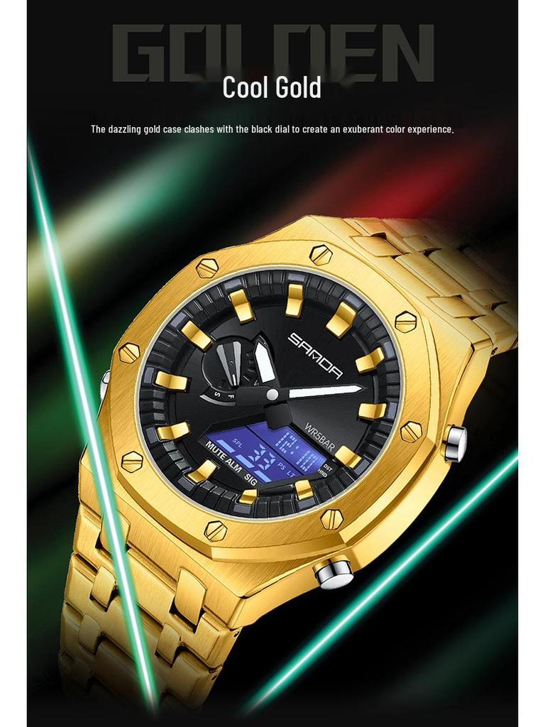 Sanda Octagonal Steel Band Multifunctional LED Light Watch for Men - TikTok Trendy Heartbeat Monitor Watch