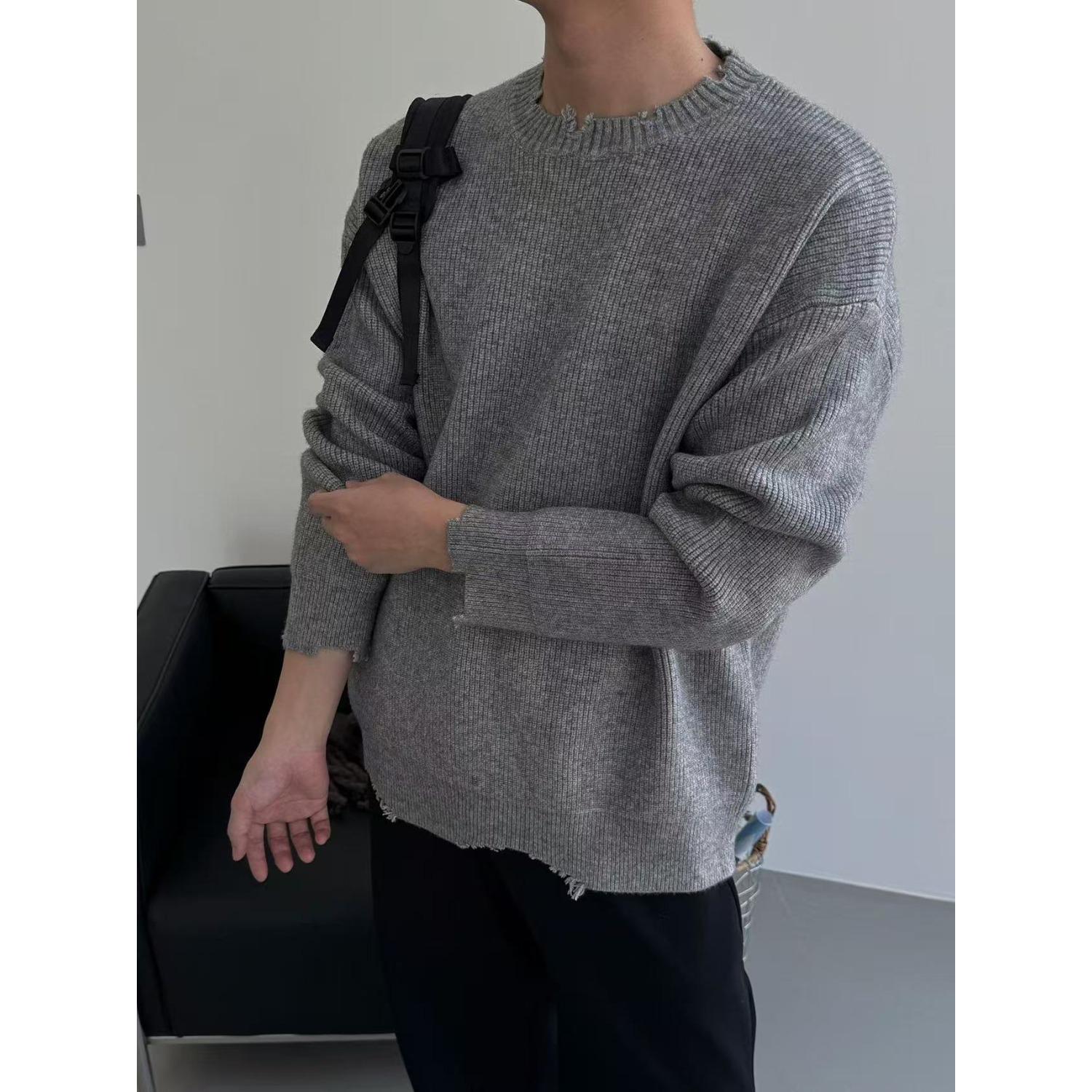 Men s Distressed Gray Retro Round Neck Pullover Sweater - Casual Loose Knitwear M [100-110 lbs]