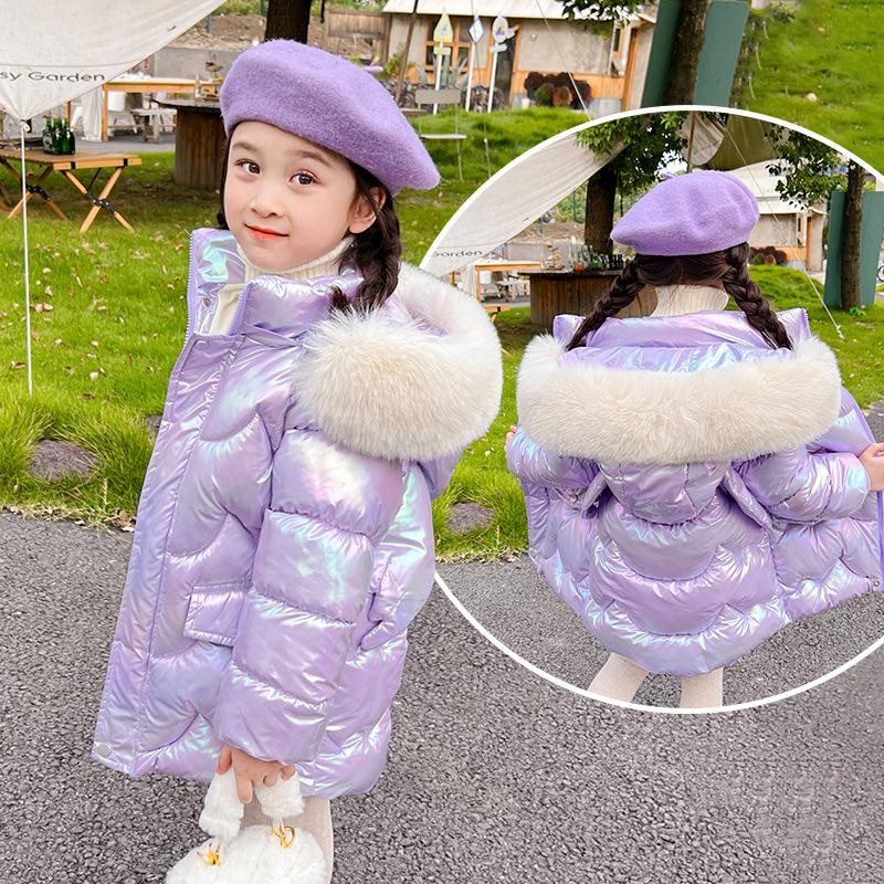 Girls' Mid-Length Bright Down Jacket - Wash-Free, Warm, Thickened for Winter