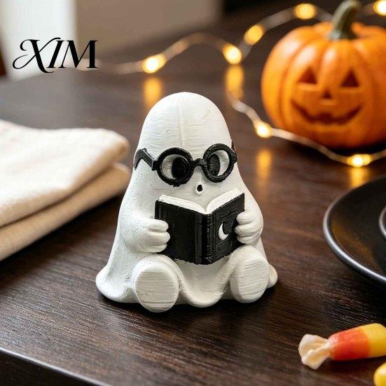 Trendy Interior Soft Furnishings Cute Halloween Ghost Figurine, Holding Coffee/Book/Record Resin Statue, Desktop Ornaments for Spooky Tabletop
