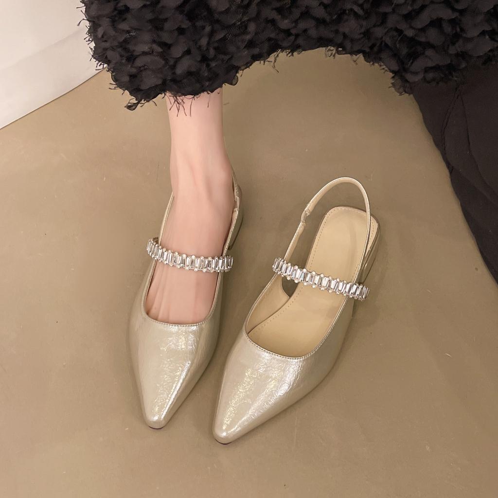 One word with rhinestone sandals women's summer new bag head half drag thick heel shoes pointed single shoes women's outer wear