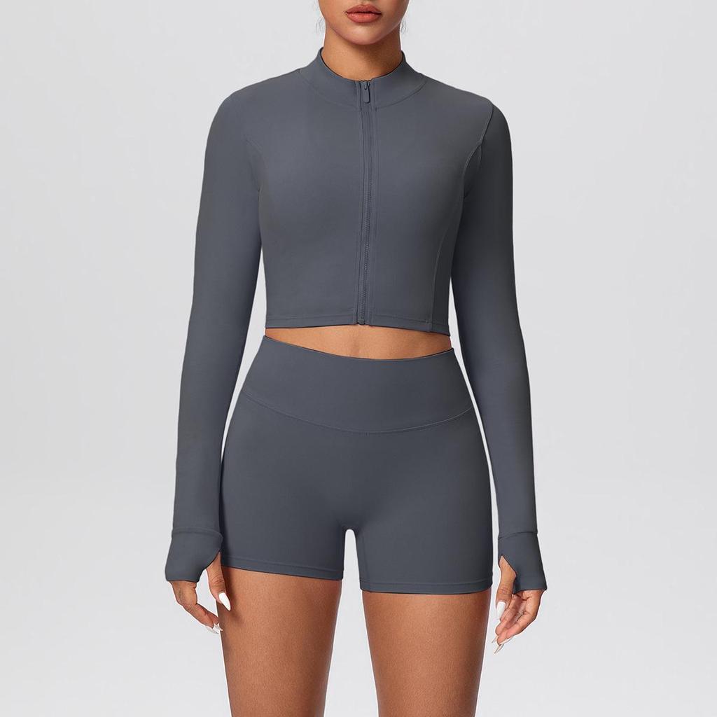 High-Waisted Hip-Lift Sports Shorts & Zip Jacket Yoga Set - Nude Feel for Casual Run & Fitness