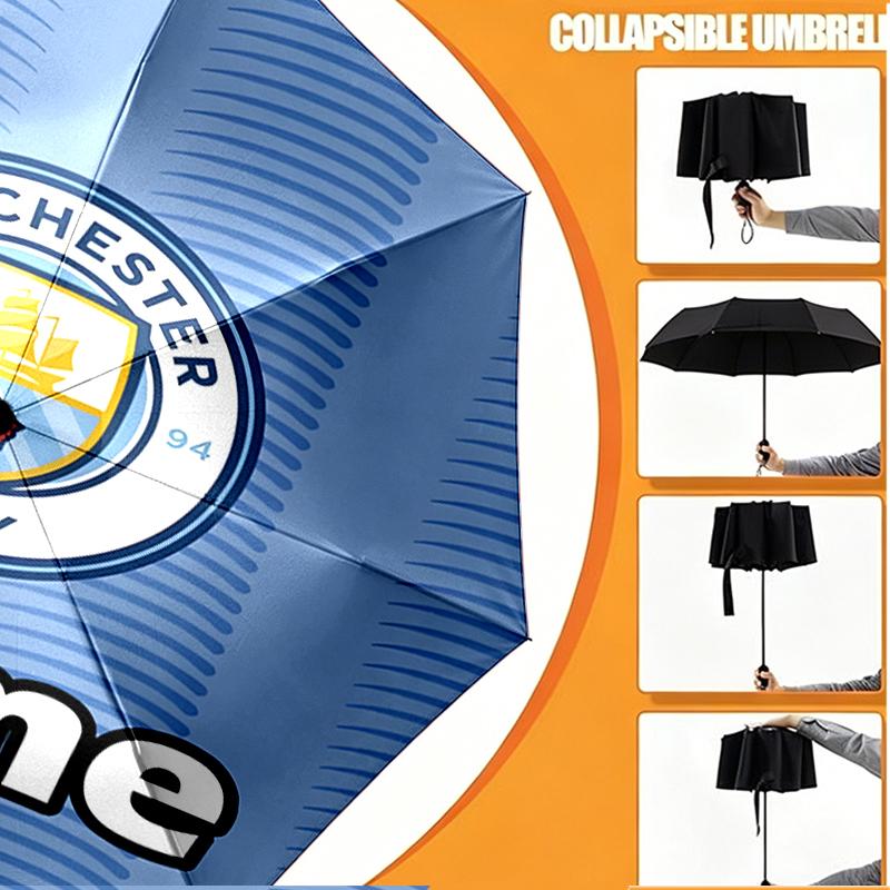 Custom Name Personalized Manchester City FC Print Umbrella, Auto Open Close, 8‑Rib Sturdy Frame, Commute Camping Hiking Use, Birthday Gift