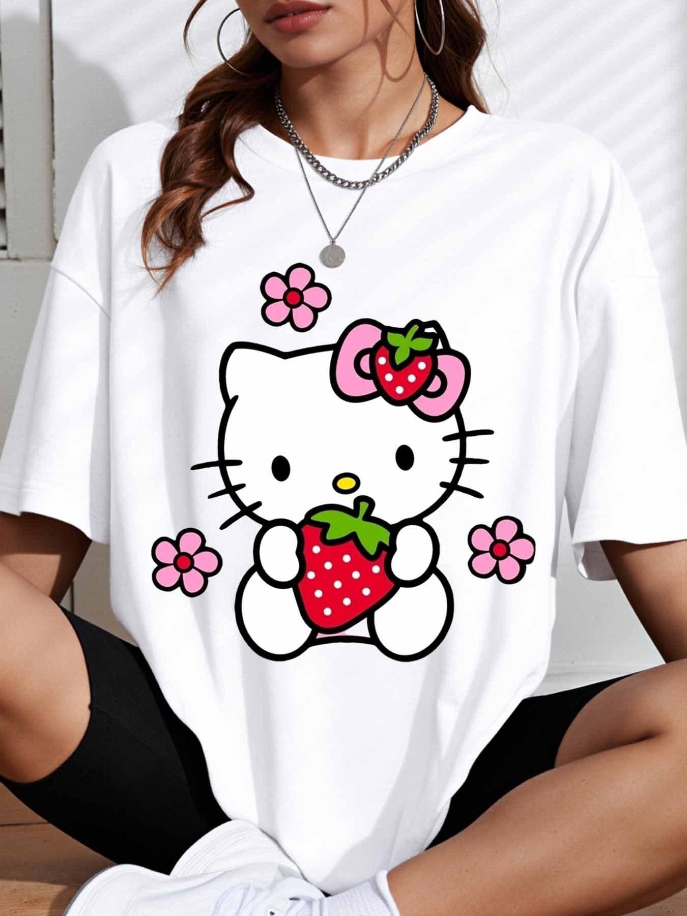 2026 Hello Kitty Strawberry Print Fashionable Casual Cartoon ShortSleeve Comfortable summer Womens Tshirt loose fit S