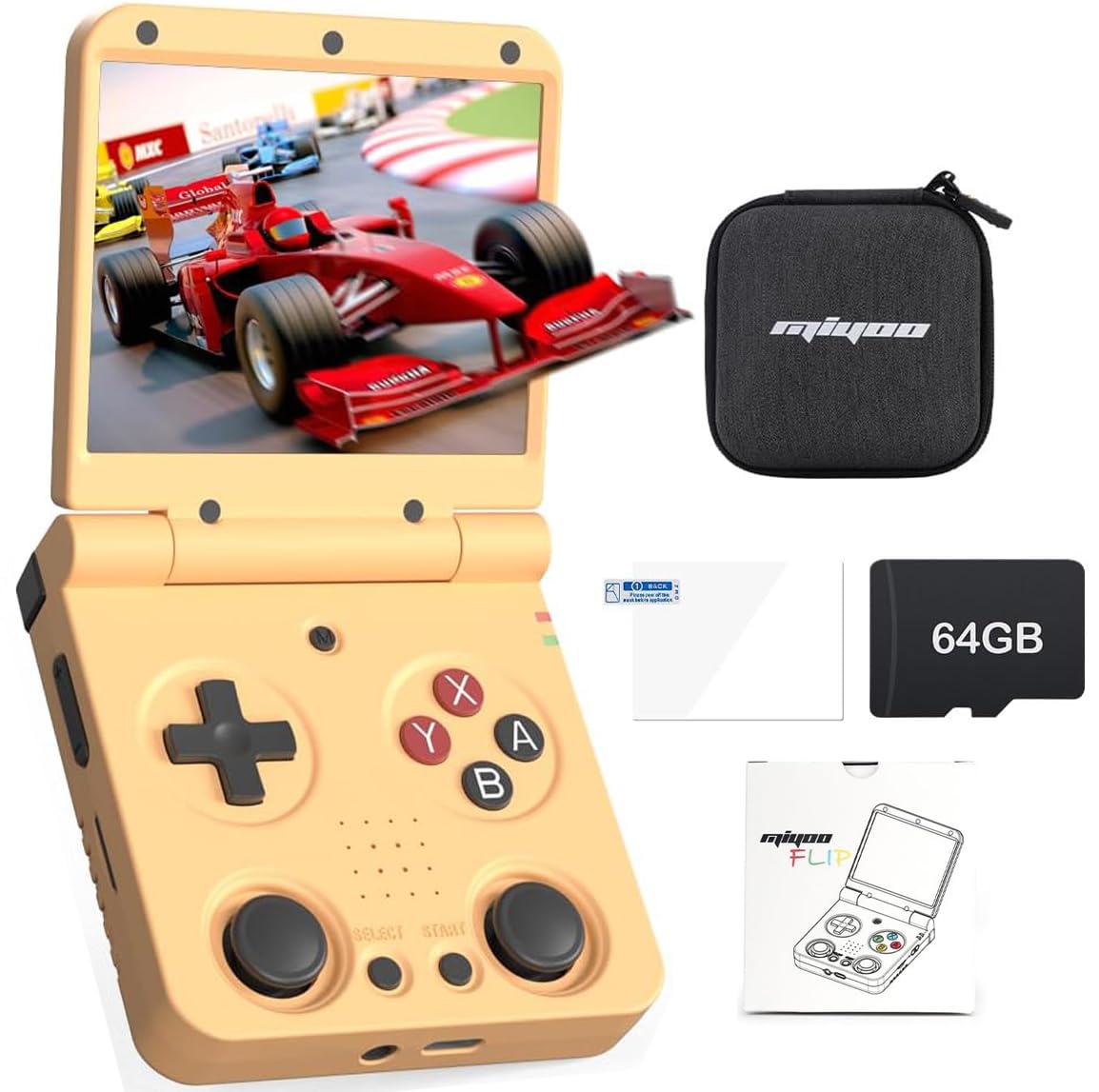 

Miyoo Flip V2 Foldable Retro Handheld Game Console with IPS 3000mAh 64GB Yellow RK3566, 3.5-inch Screen, WiFi/Bluetooth Support, Battery, RAM,