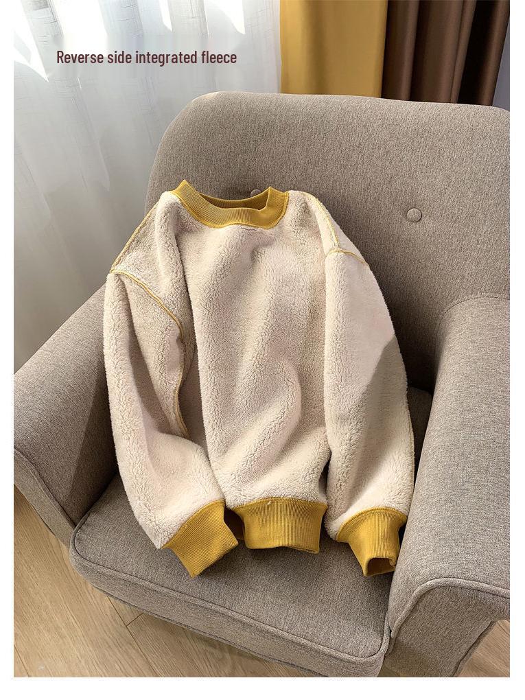 Women's Loose Lambswool Sweatshirt - Korean Style Casual Plus Velvet Thick Top for Autumn/Winter 2023.