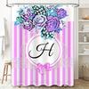 Vintage Floral Design Pink Striped Shower Curtain With Letter H For Bathroom Decor Customizable Size Available