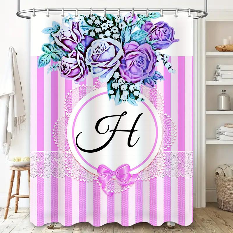 Vintage Floral Design Pink Striped Shower Curtain With Letter H For Bathroom Decor Customizable Size Available