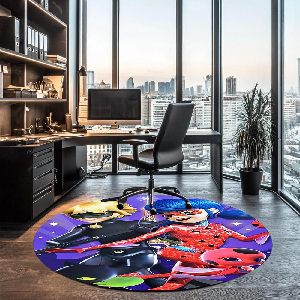 Miraculous Tales of Ladybug Cat Noir Printed Round Rug Carpet Chair Rug Area Rug Entryway Doormats,for Office Chair Living Room Bedroom Kitchen Room.