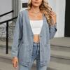 Women's Fashionable Versatile Classic Retro Solid Color V Neckl Long Sleeved Pocket Loose Denim Jacket