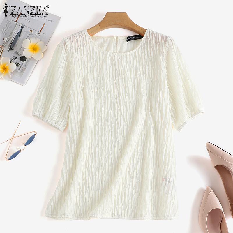 

ZANZEA Женская повседневная летняя блузка с короткими рукавами и круглым вырезом, топы