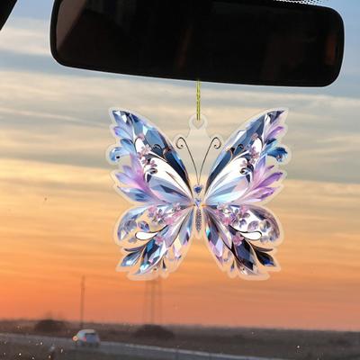 2Pcs Colorful Butterfly Car Pendant Faux Crystal Hanging Ornament for Rearview Mirror Rhinestone Art Kit for Car Charm Window Decor Gift for Car
